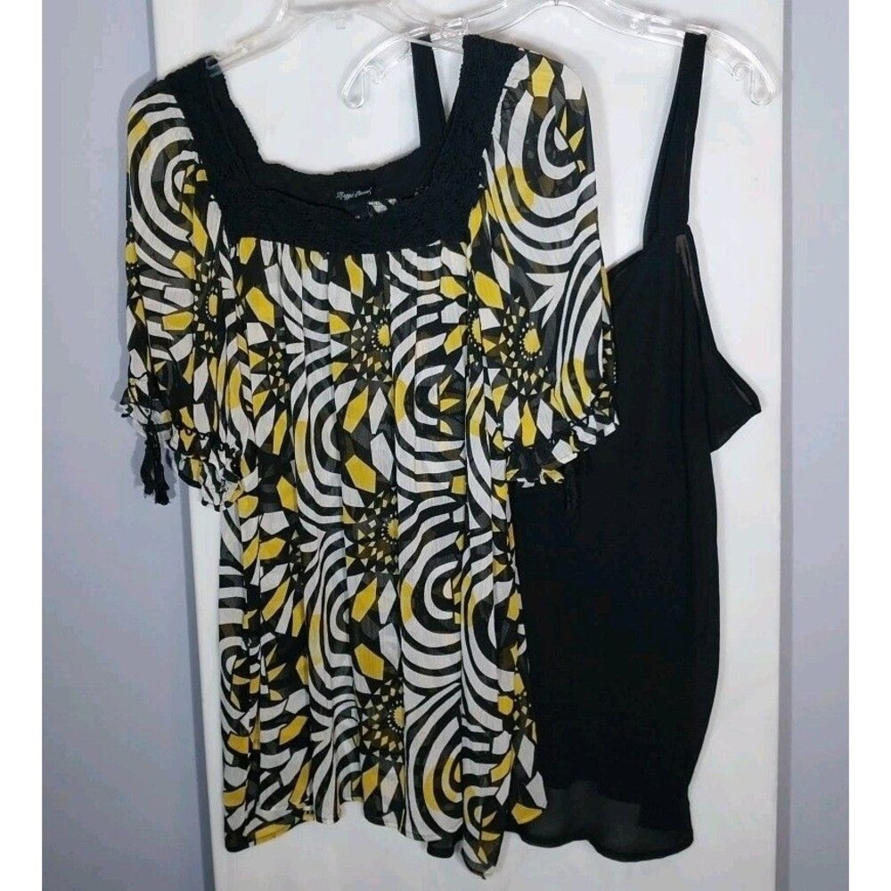 Maggie Barnes Sheer Blouse Cami 2 PC Set Black White Plus Size 3X Boho Geometric